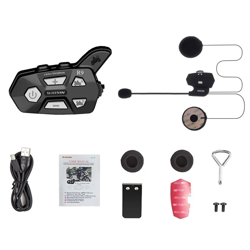 WAYXIN R9 1500M Universal Pairing Bluetooth 4 Riders Helmet Intercom Waterproof Motorcycle Full-Duplex FM Headsets Interphone